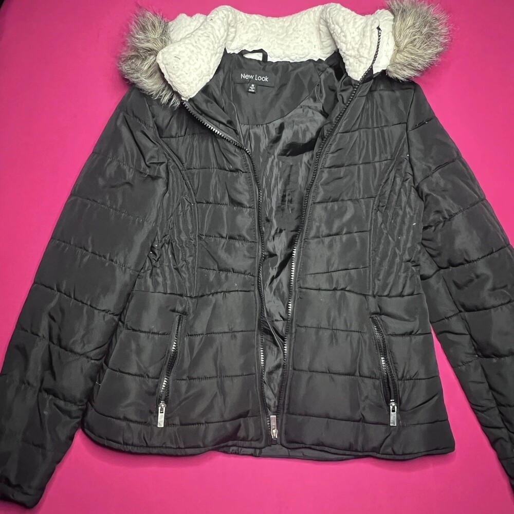 New Look Juniors Medium Black Hooded Puffer Jacket Faux Fur Trim Fleece Lined M